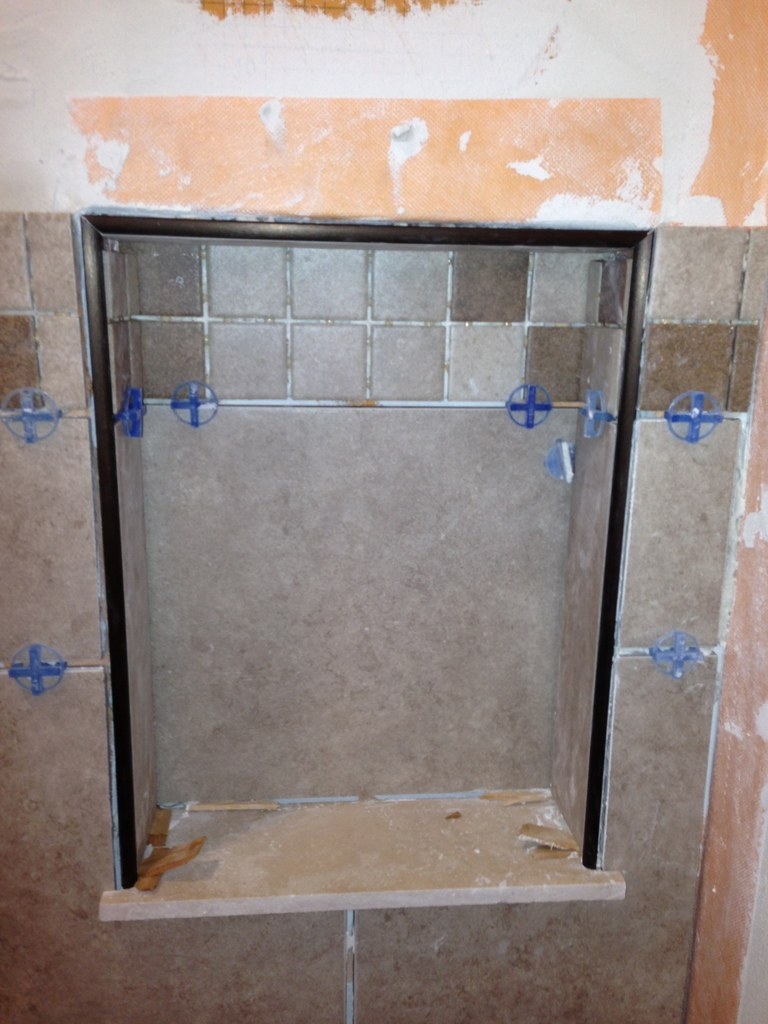 Tiled niche with metal trim Columbia Missouri Bathroom Remodel, Tile