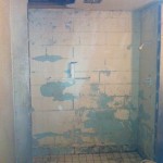 Shower after outside block wall removed, custom tile shower installation