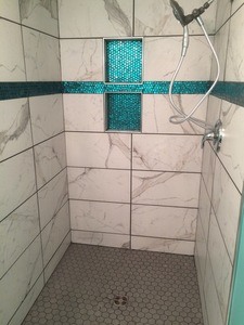 Penny round mosaic glass hex tile floor recessed niche curb less shower